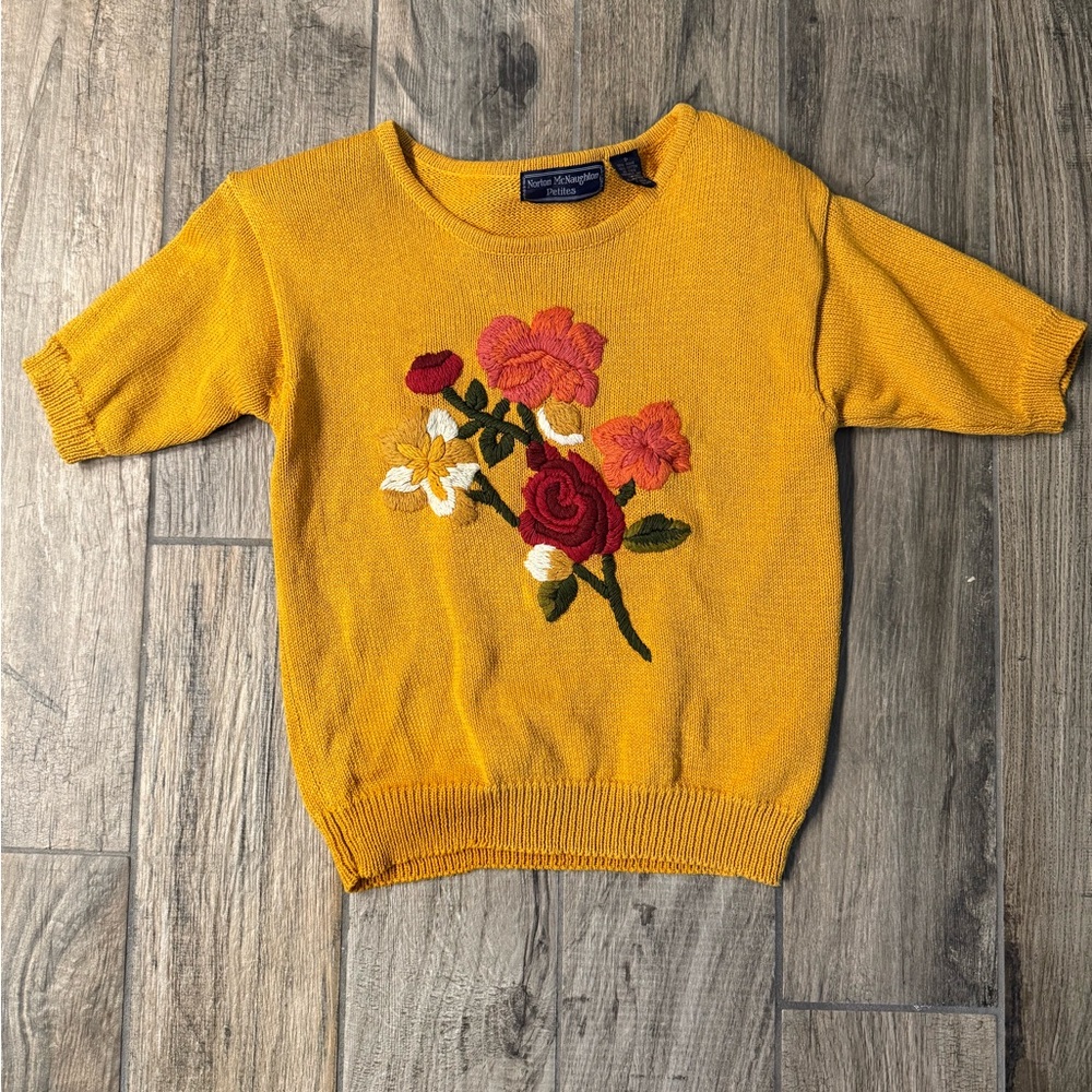 Norton McNaughton Petites Yellow Floral Embroidered Sweater Cottagecore